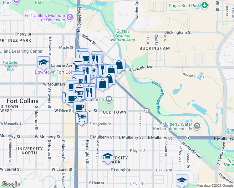 map of restaurants, bars, coffee shops, grocery stores, and more near 340 East Oak Street in Fort Collins