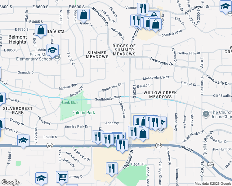 map of restaurants, bars, coffee shops, grocery stores, and more near 9128 Tortellini Drive in Sandy