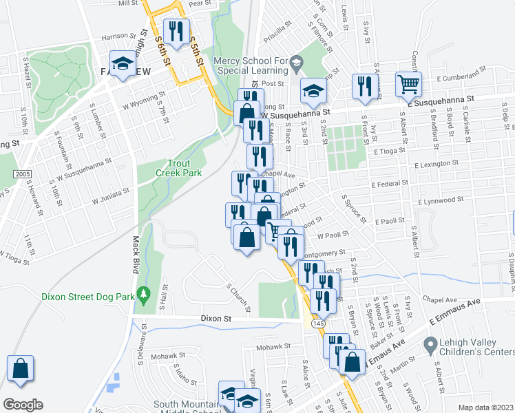 map of restaurants, bars, coffee shops, grocery stores, and more near South 4th Street in Allentown