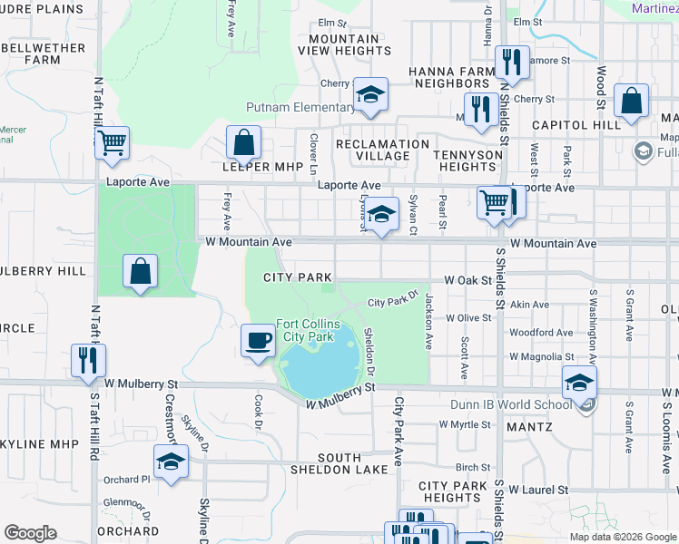 map of restaurants, bars, coffee shops, grocery stores, and more near 1501 West Oak Street in Fort Collins