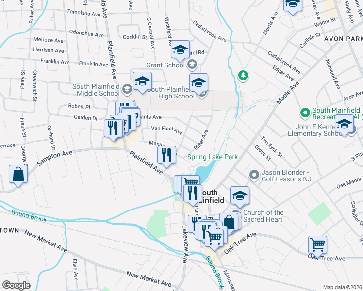 map of restaurants, bars, coffee shops, grocery stores, and more near 304 Fairlamb Avenue in South Plainfield