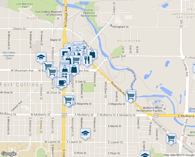 map of restaurants, bars, coffee shops, grocery stores, and more near 340 East Oak Street in Fort Collins