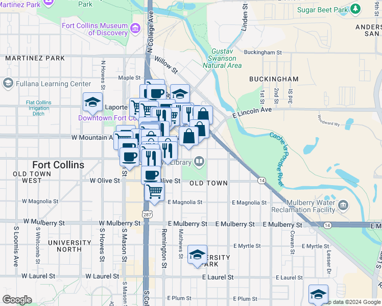 map of restaurants, bars, coffee shops, grocery stores, and more near 301 East Oak Street in Fort Collins