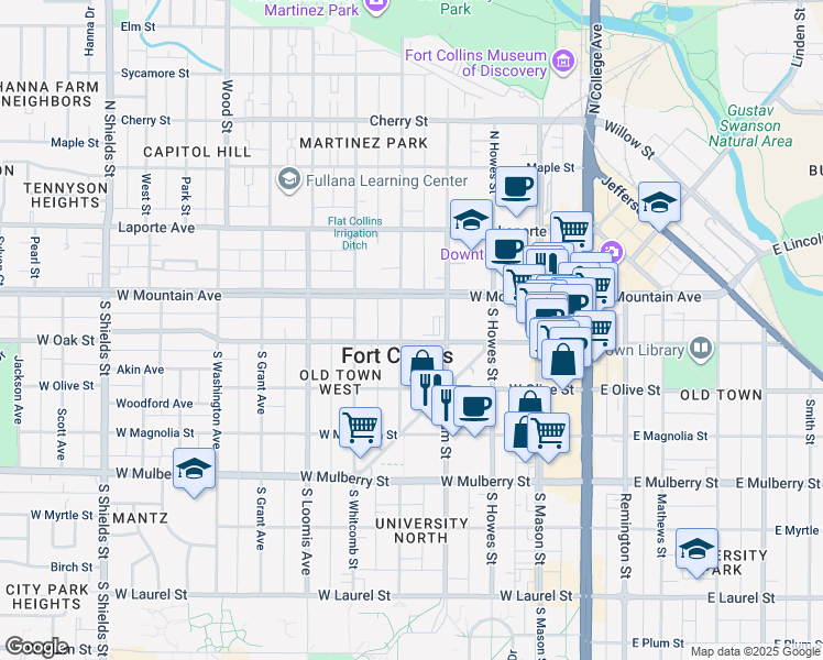 map of restaurants, bars, coffee shops, grocery stores, and more near in Fort Collins