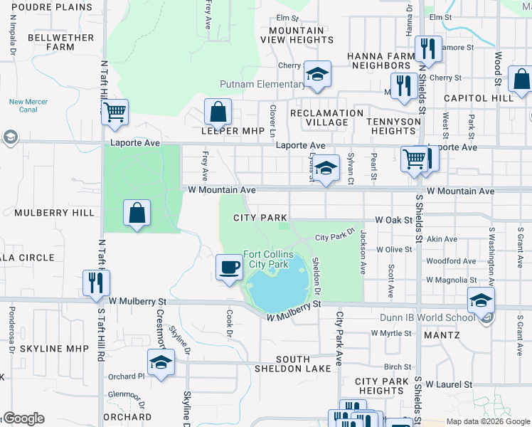 map of restaurants, bars, coffee shops, grocery stores, and more near in Fort Collins