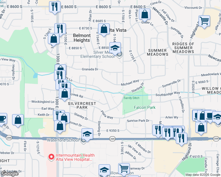 map of restaurants, bars, coffee shops, grocery stores, and more near 1585 Waters Lane in Sandy
