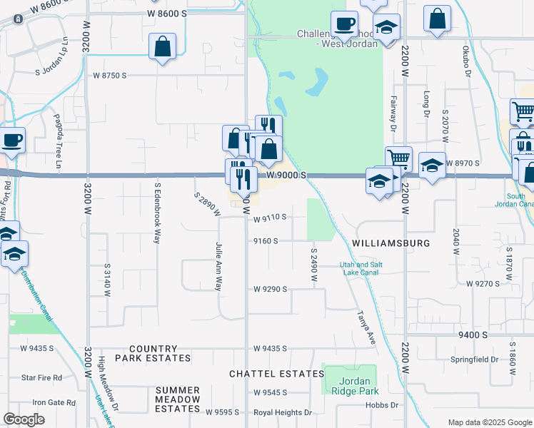 map of restaurants, bars, coffee shops, grocery stores, and more near 2636 West 9110 South in West Jordan