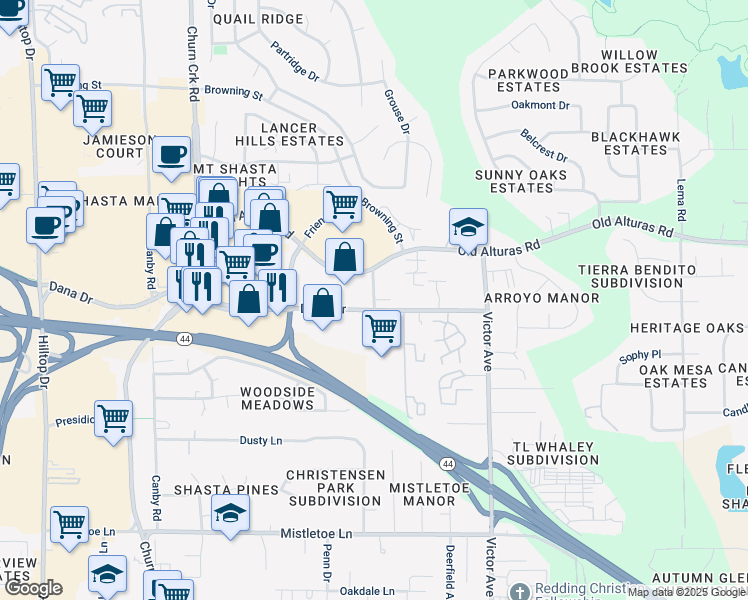 map of restaurants, bars, coffee shops, grocery stores, and more near 1547 Dana Drive in Redding