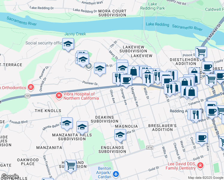 map of restaurants, bars, coffee shops, grocery stores, and more near 1121 Olive Avenue in Redding