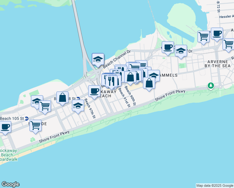 map of restaurants, bars, coffee shops, grocery stores, and more near 92-04 Holland Avenue in Queens