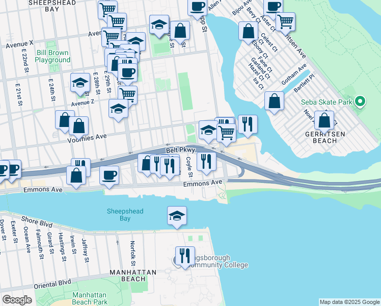 map of restaurants, bars, coffee shops, grocery stores, and more near 2790 Bragg Street in Brooklyn