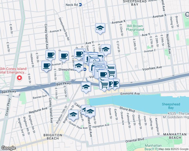 map of restaurants, bars, coffee shops, grocery stores, and more near 2700 East 16th Street in Brooklyn