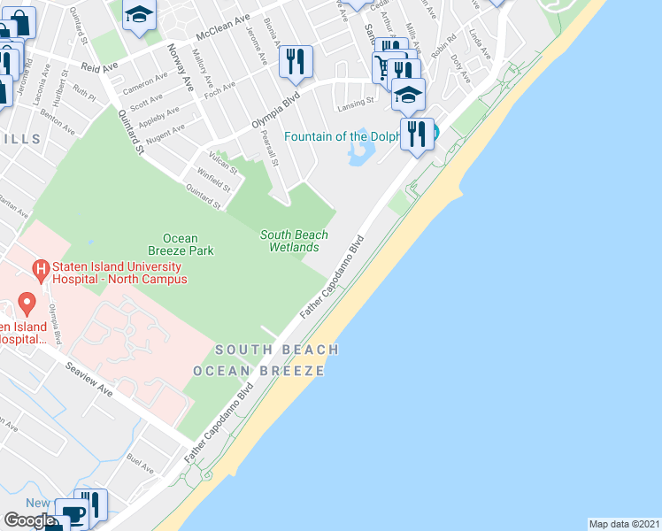 map of restaurants, bars, coffee shops, grocery stores, and more near 599 Father Capodanno Boulevard in Staten Island