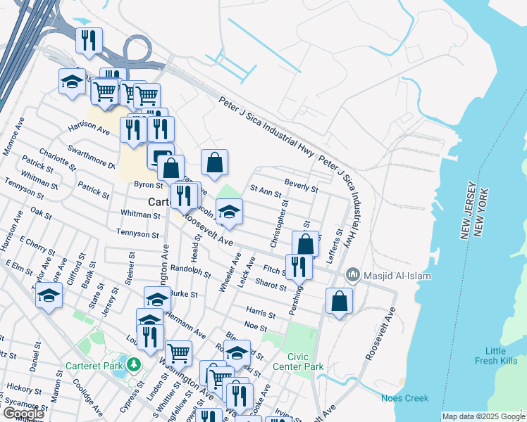 map of restaurants, bars, coffee shops, grocery stores, and more near 18 Grant Avenue in Carteret
