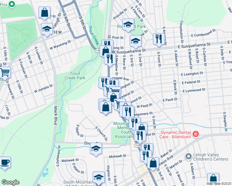 map of restaurants, bars, coffee shops, grocery stores, and more near 346-350 West Lexington Street in Allentown