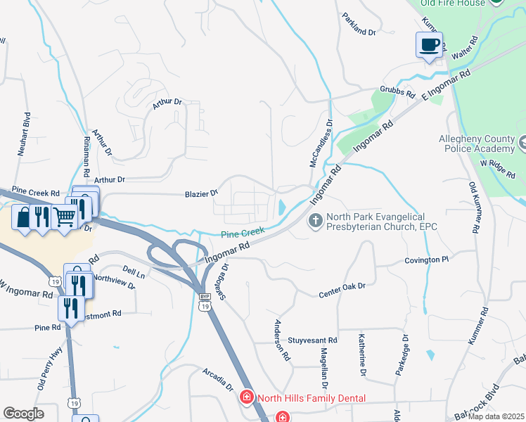 map of restaurants, bars, coffee shops, grocery stores, and more near 555 Blazier Drive in Wexford