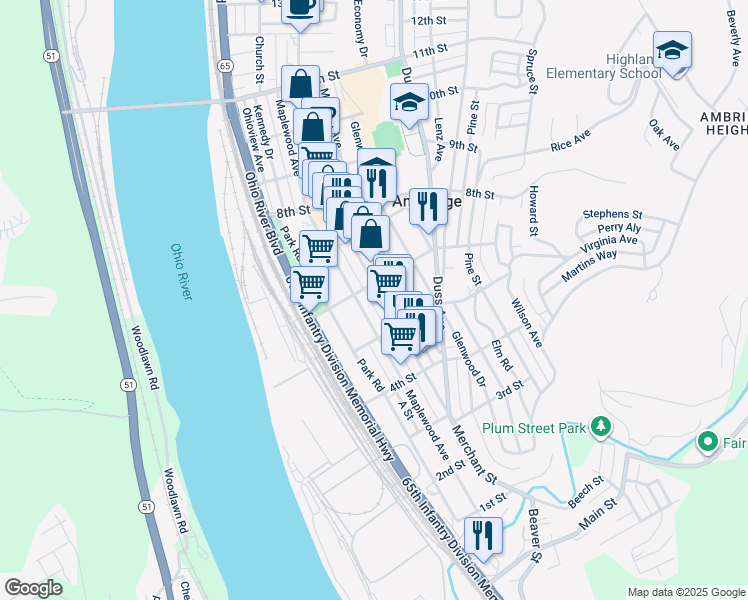 map of restaurants, bars, coffee shops, grocery stores, and more near 532 Maplewood Avenue in Ambridge