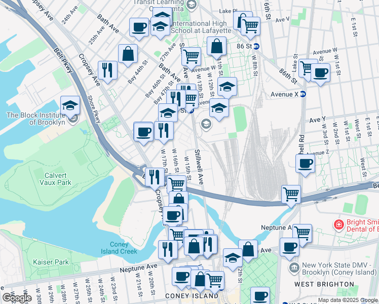 map of restaurants, bars, coffee shops, grocery stores, and more near 2554 West 15th Street in Brooklyn
