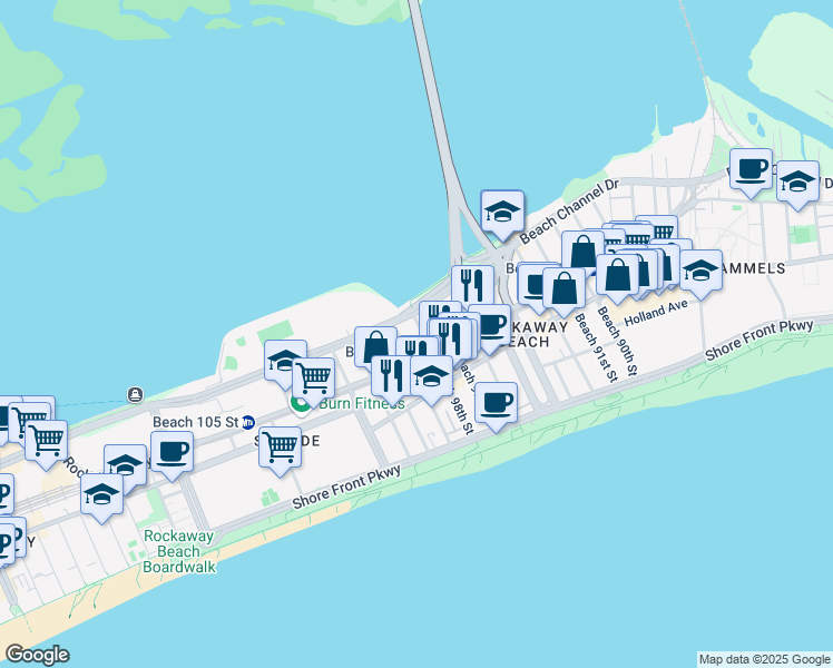 map of restaurants, bars, coffee shops, grocery stores, and more near 319 Beach 98th Street in Queens