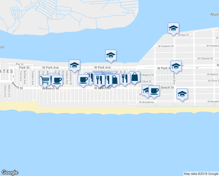 map of restaurants, bars, coffee shops, grocery stores, and more near Alabama Street in Long Beach