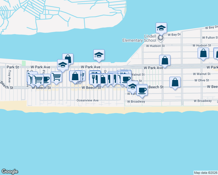 map of restaurants, bars, coffee shops, grocery stores, and more near Arizona Avenue in Long Beach