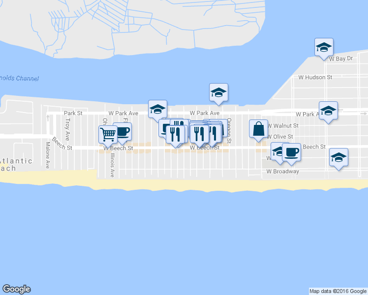 map of restaurants, bars, coffee shops, grocery stores, and more near W Beech St & Tennessee Ave in Long Beach