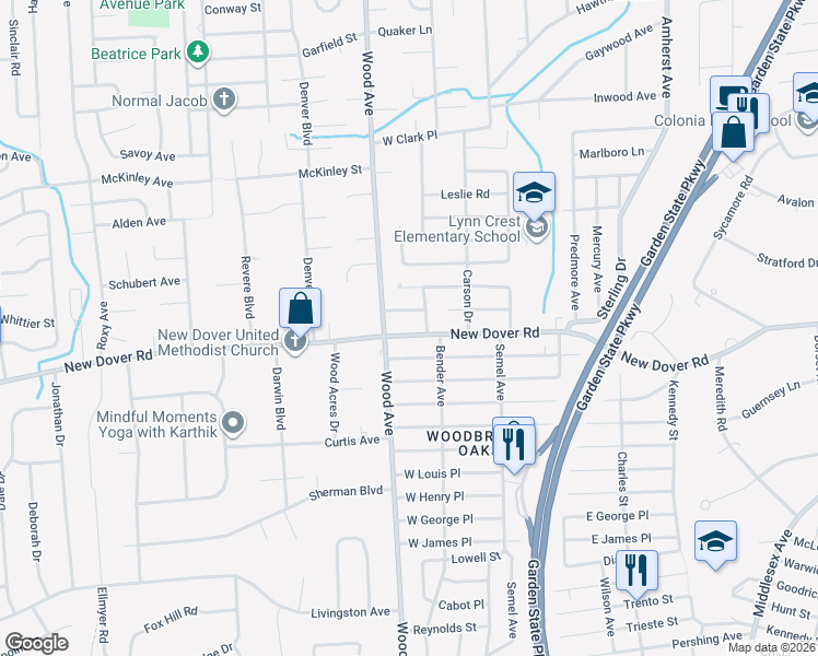 map of restaurants, bars, coffee shops, grocery stores, and more near 30 New Dover Road in Woodbridge Township