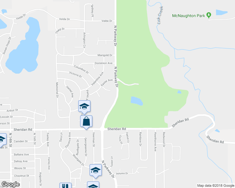 map of restaurants, bars, coffee shops, grocery stores, and more near 1501 North Parkway Drive in Pekin