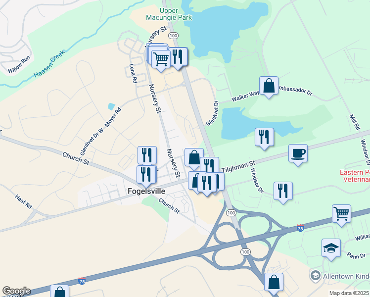 map of restaurants, bars, coffee shops, grocery stores, and more near 1081 Meadowlark Drive in Fogelsville