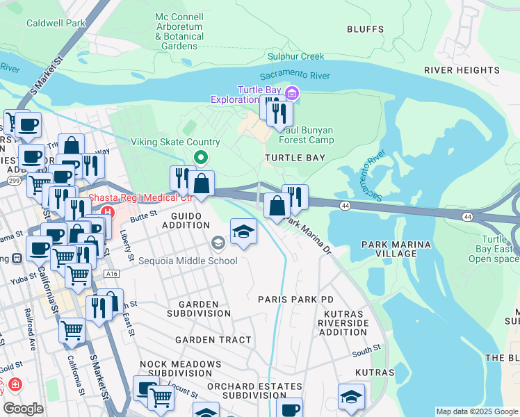 map of restaurants, bars, coffee shops, grocery stores, and more near 1700 Park Marina Drive in Redding