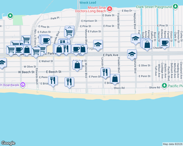 map of restaurants, bars, coffee shops, grocery stores, and more near 322 East Penn Street in Long Beach