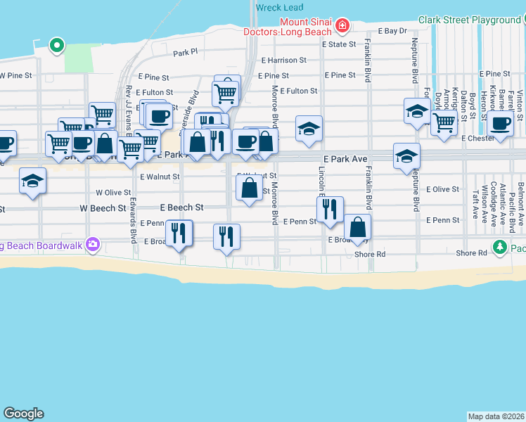 map of restaurants, bars, coffee shops, grocery stores, and more near 260 East Beech Street in Long Beach