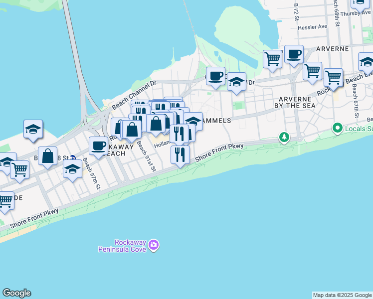 map of restaurants, bars, coffee shops, grocery stores, and more near 8400 Shore Front Parkway in Queens