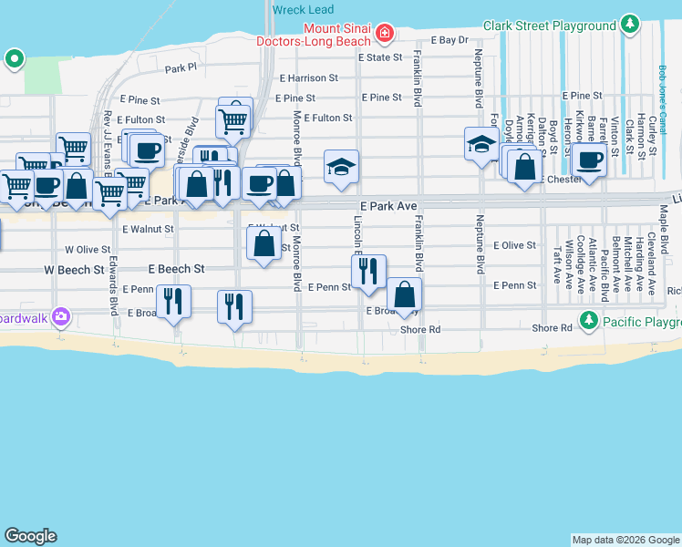 map of restaurants, bars, coffee shops, grocery stores, and more near 362 West Penn Street in Long Beach