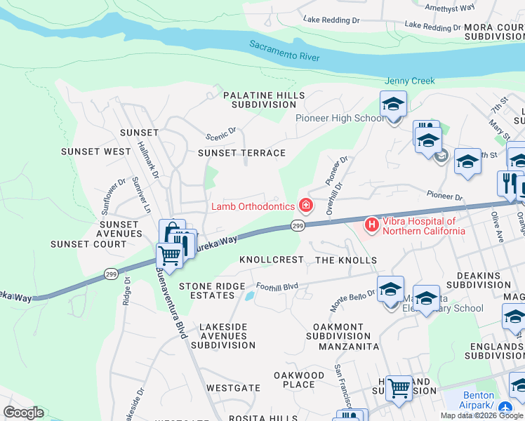 map of restaurants, bars, coffee shops, grocery stores, and more near 3345 Sunset Dr in Redding