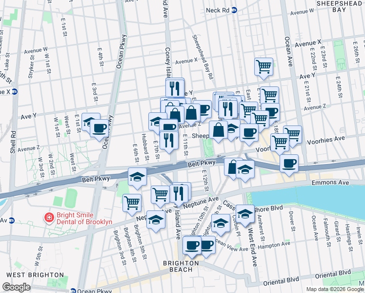 map of restaurants, bars, coffee shops, grocery stores, and more near 2681 East 11th Street in Brooklyn