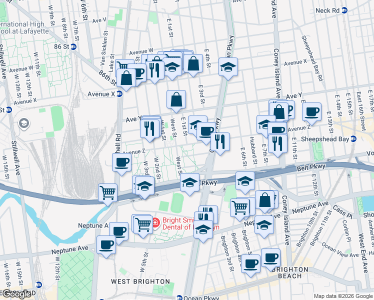 map of restaurants, bars, coffee shops, grocery stores, and more near 49 Nixon Court in Brooklyn