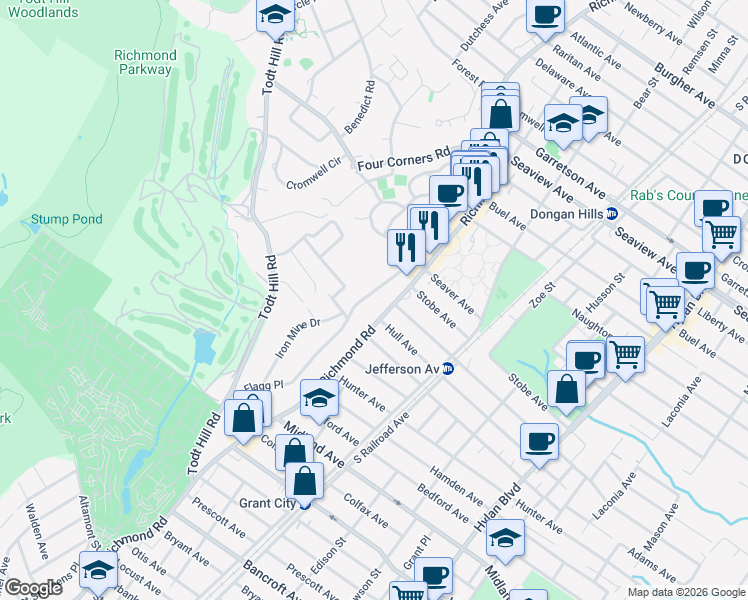 map of restaurants, bars, coffee shops, grocery stores, and more near 1847 Richmond Road in Staten Island