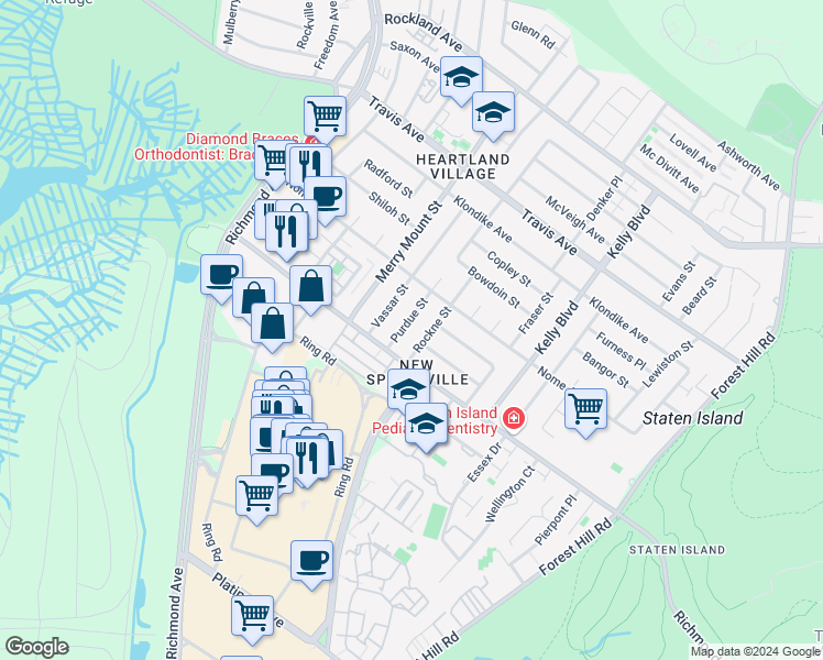 map of restaurants, bars, coffee shops, grocery stores, and more near 111 Rockne Street in Staten Island