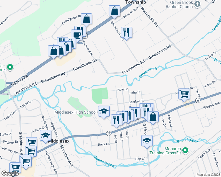 map of restaurants, bars, coffee shops, grocery stores, and more near 435 2nd Street in Middlesex