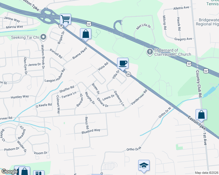 map of restaurants, bars, coffee shops, grocery stores, and more near 25 Danberry Lane in Bridgewater Township