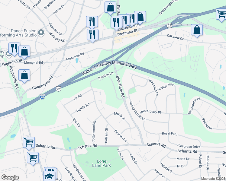 map of restaurants, bars, coffee shops, grocery stores, and more near 344 Barn Swallow Lane in Allentown