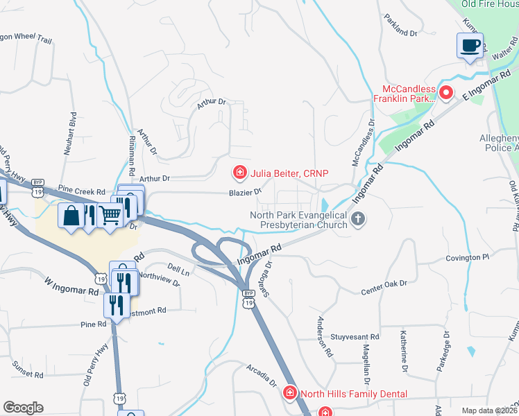 map of restaurants, bars, coffee shops, grocery stores, and more near 551 Blazier Drive in Wexford