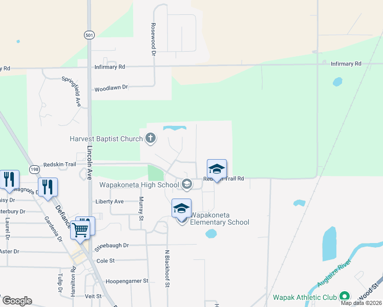 map of restaurants, bars, coffee shops, grocery stores, and more near 1009 Cherokee Crossing in Wapakoneta