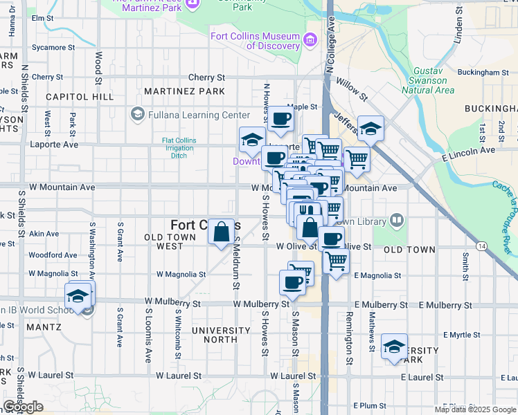 map of restaurants, bars, coffee shops, grocery stores, and more near 300 West Oak Street in Fort Collins
