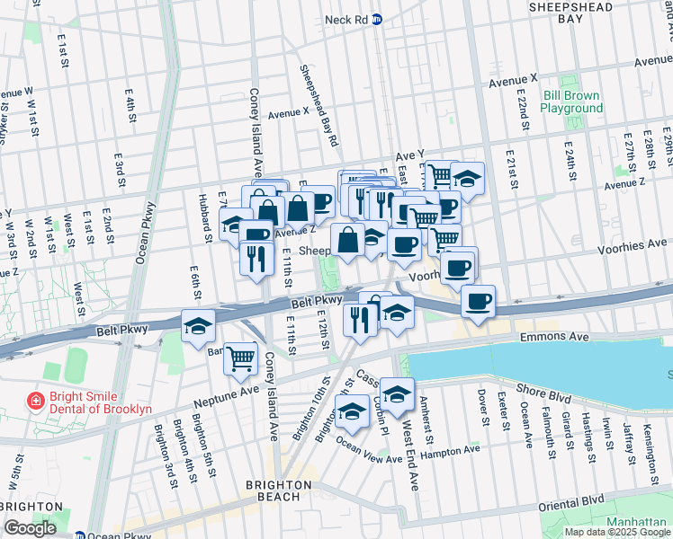 map of restaurants, bars, coffee shops, grocery stores, and more near 2686 East 12th Street in Brooklyn
