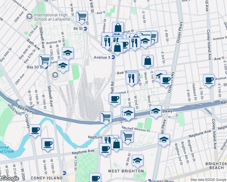 map of restaurants, bars, coffee shops, grocery stores, and more near 2729 Shell Road in Brooklyn