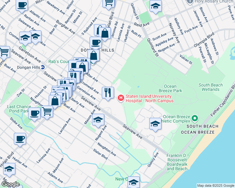 map of restaurants, bars, coffee shops, grocery stores, and more near 256c Mason Avenue in Staten Island