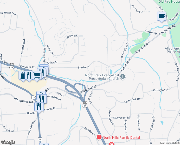 map of restaurants, bars, coffee shops, grocery stores, and more near 551 Blazier Drive in Wexford