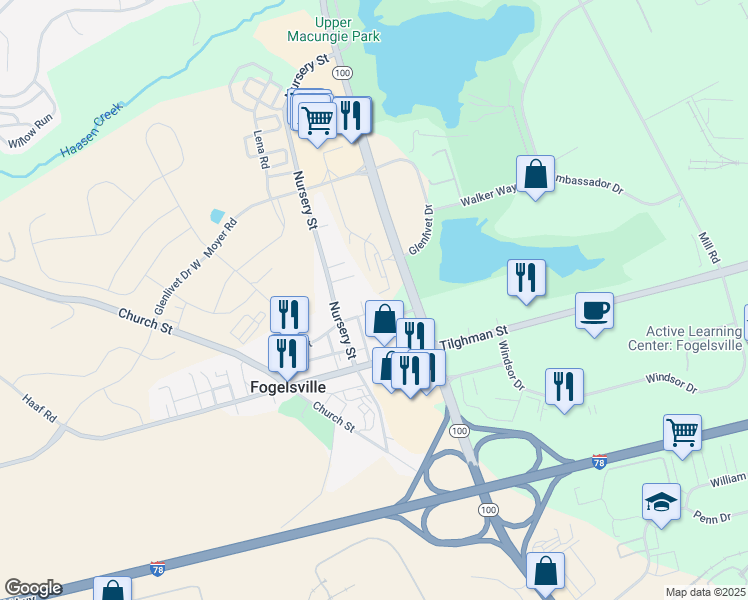 map of restaurants, bars, coffee shops, grocery stores, and more near 7725 Lime Street in Fogelsville